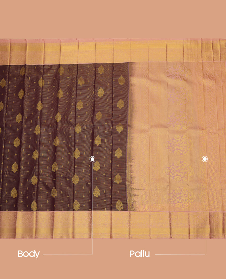 Brown Budget Silk Saree, Beautified with Zari Buttas and Stripes, a Contrast Traditional Zari Border, Grand Pallu, and a Contrast Blouse