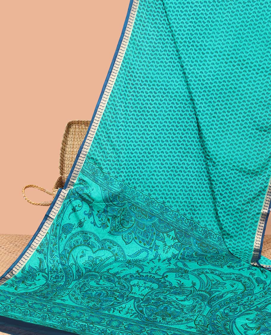 Blue micro-motifs printed semi-banaras printed saree, contrast paisley border & intricate pallu