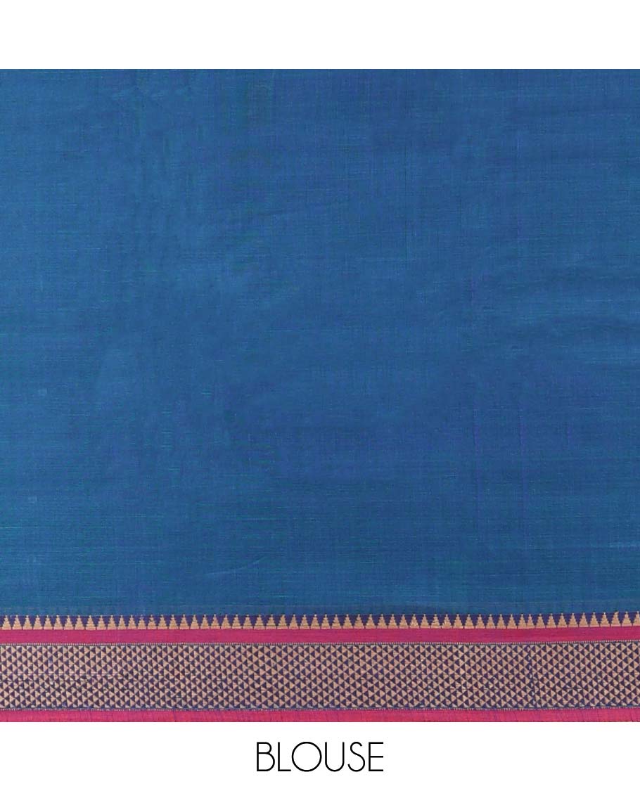 Blue plain Narayanapet cotton saree, contrast traditional design border & striped pallu