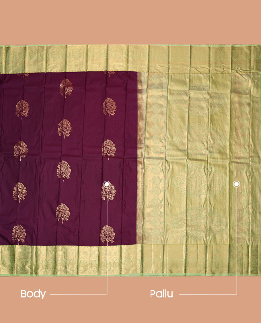 Wine Budget Silk Saree, Delicately Woven with Zari Buttas, Contrast Traditional Zari Border, Grand Pallu, and a Contrast Blouse
