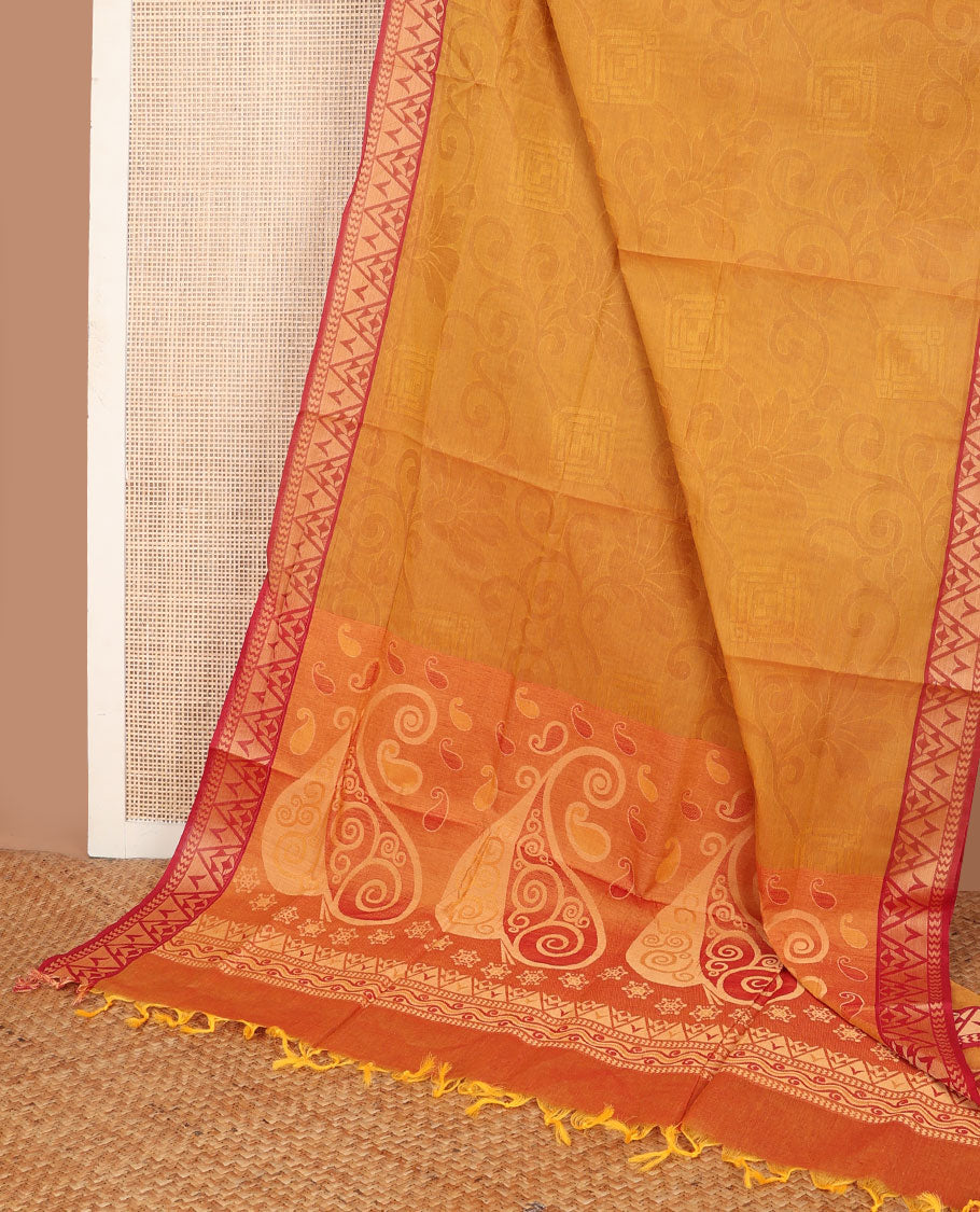 Mustard floral-geometric design Combatiore cotton saree, contrast geometric border & contrast paisley design pallu