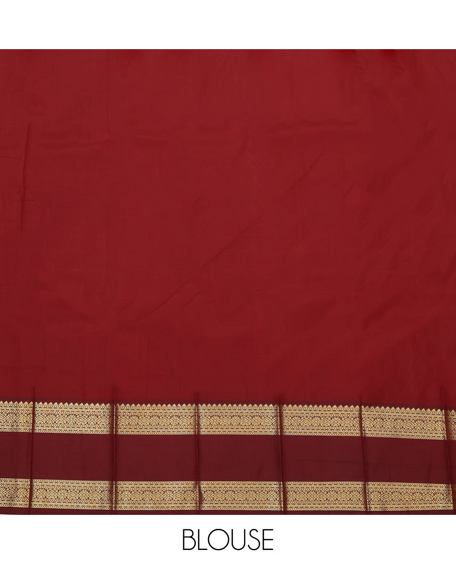 Red Budget Silk Saree, Delicately Woven Zari Buttas and Stripes, Complemented by a Contrast Traditional Rettai Pettu Zari Border, Grand Jaal Pallu, and Contrast Blouse