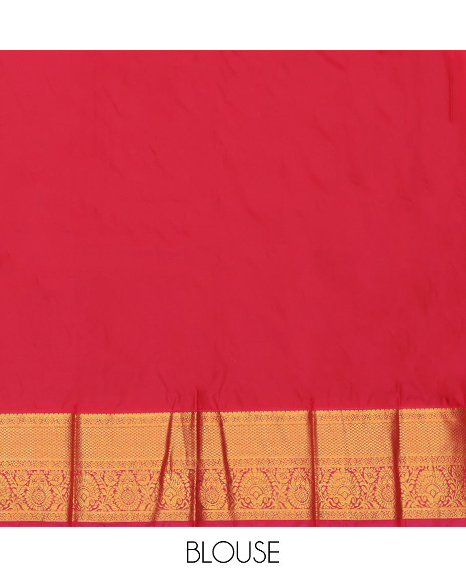 Green Budget Silk Saree, Graced with Zari Buttas and Stripes, a Contrast Traditional Zari Border, Grand Jaal Pallu, and a Contrast Blouse