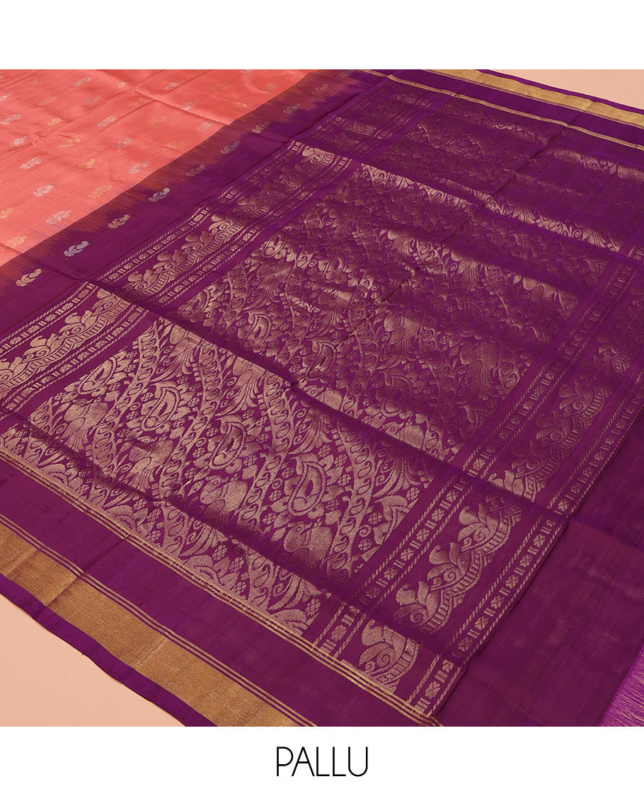 Peach Uppada Silk Saree, Enthralled with Zari Buttas on Its Body, Subtly Sparkled Zari Border, Complemented by a Contrast Pallu Depicting Intricate Design Weave, and Paired with a Contrast Blouse