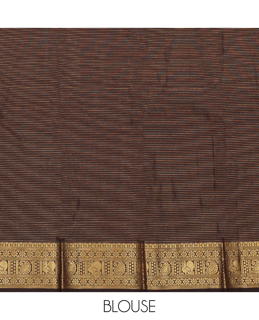 Gold Budget Silk Saree Features Zari Buttas and Stripes, Complemented by Contrast Traditional Zari Border, a Jaal Pallu and a Contrast Blouse