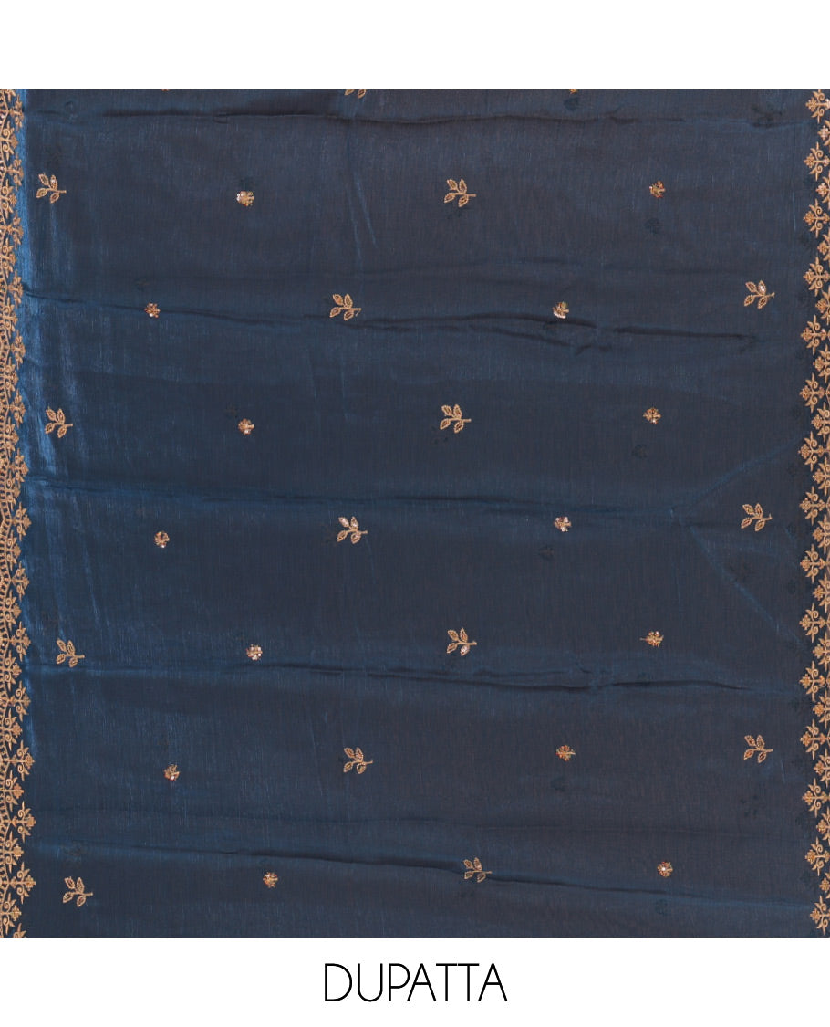 Blue chudidar material set, floral design thread embroidered Burberry top, floral-themed embroidered Burberry dupatta & plain Santoon bottom