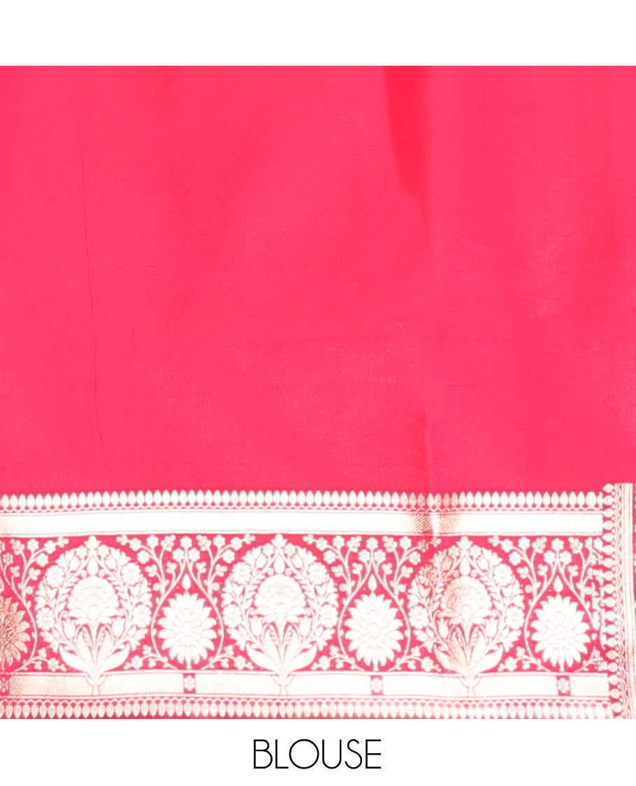 Green Banarasi Nylon Saree, Decked up with Buttas, Contrast Floral Creeper Zari Border, Intricate Pallu, and a Contrast Blouse
