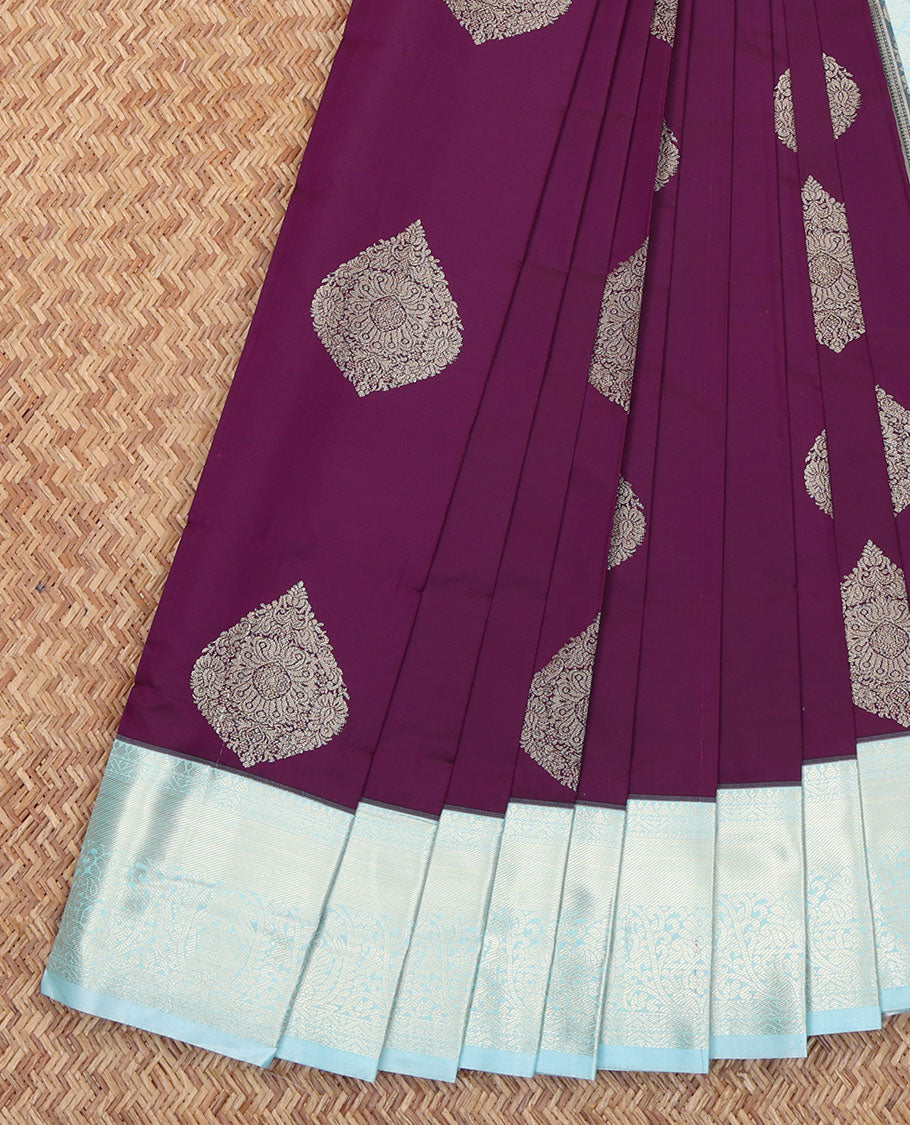Purple Budget Silk Saree, Elegantly Decorated with Zari Buttas All Over Its Body, Complemented by a Contrast Traditional Zari Design Border, Subtle Jaal Pallu, and Paired with a Contrast Blouse