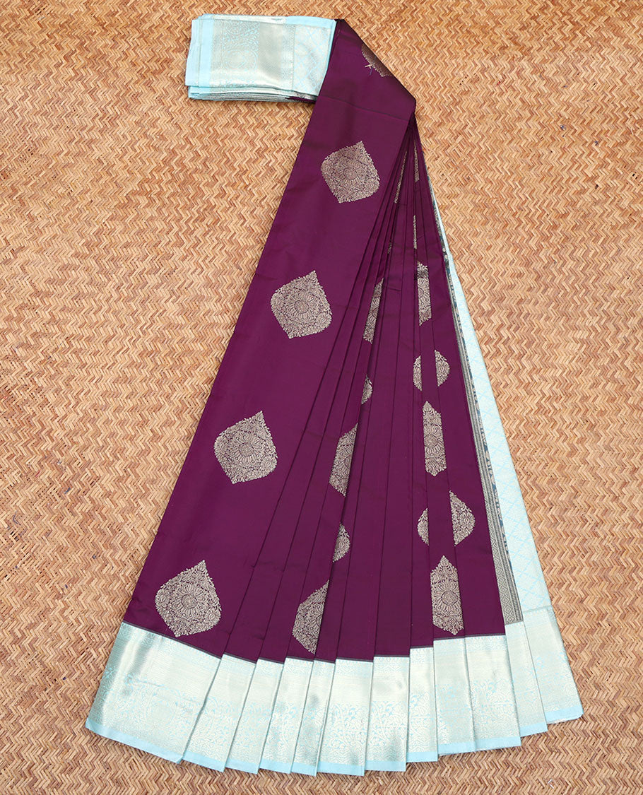 Purple Budget Silk Saree, Elegantly Decorated with Zari Buttas All Over Its Body, Complemented by a Contrast Traditional Zari Design Border, Subtle Jaal Pallu, and Paired with a Contrast Blouse