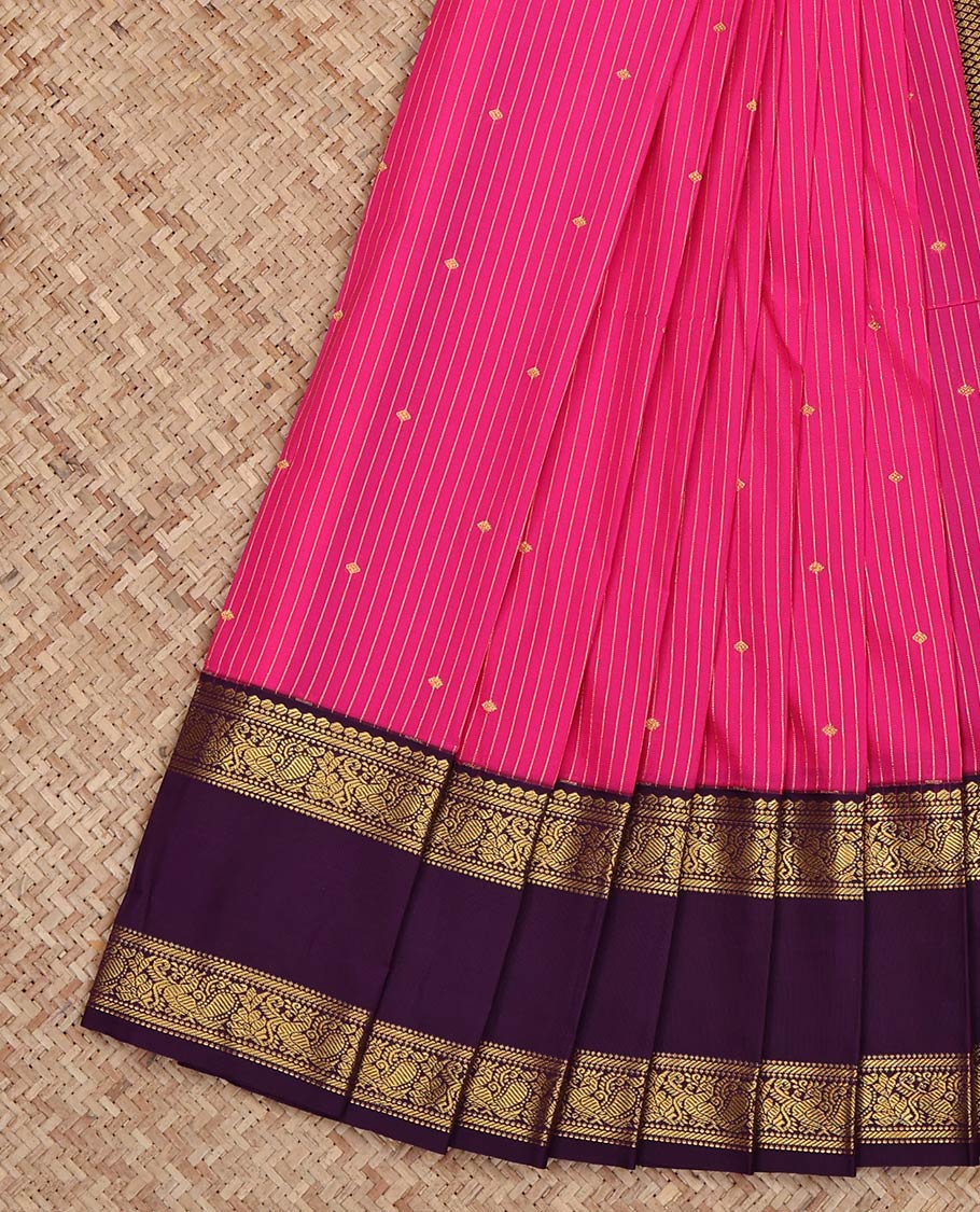 Dark Pink Budget Silk Saree, Bedecked with Zari Buttas and Stripes on Its Body, Complemented by a Contrast Traditional Zari Design Rettai Pettu Border, Grand Jaal Pallu, and Paired with a Contrast Blouse