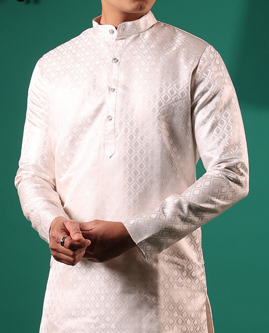 Pearl white butta enclosed jaal embossed full-sleeved men's kurta