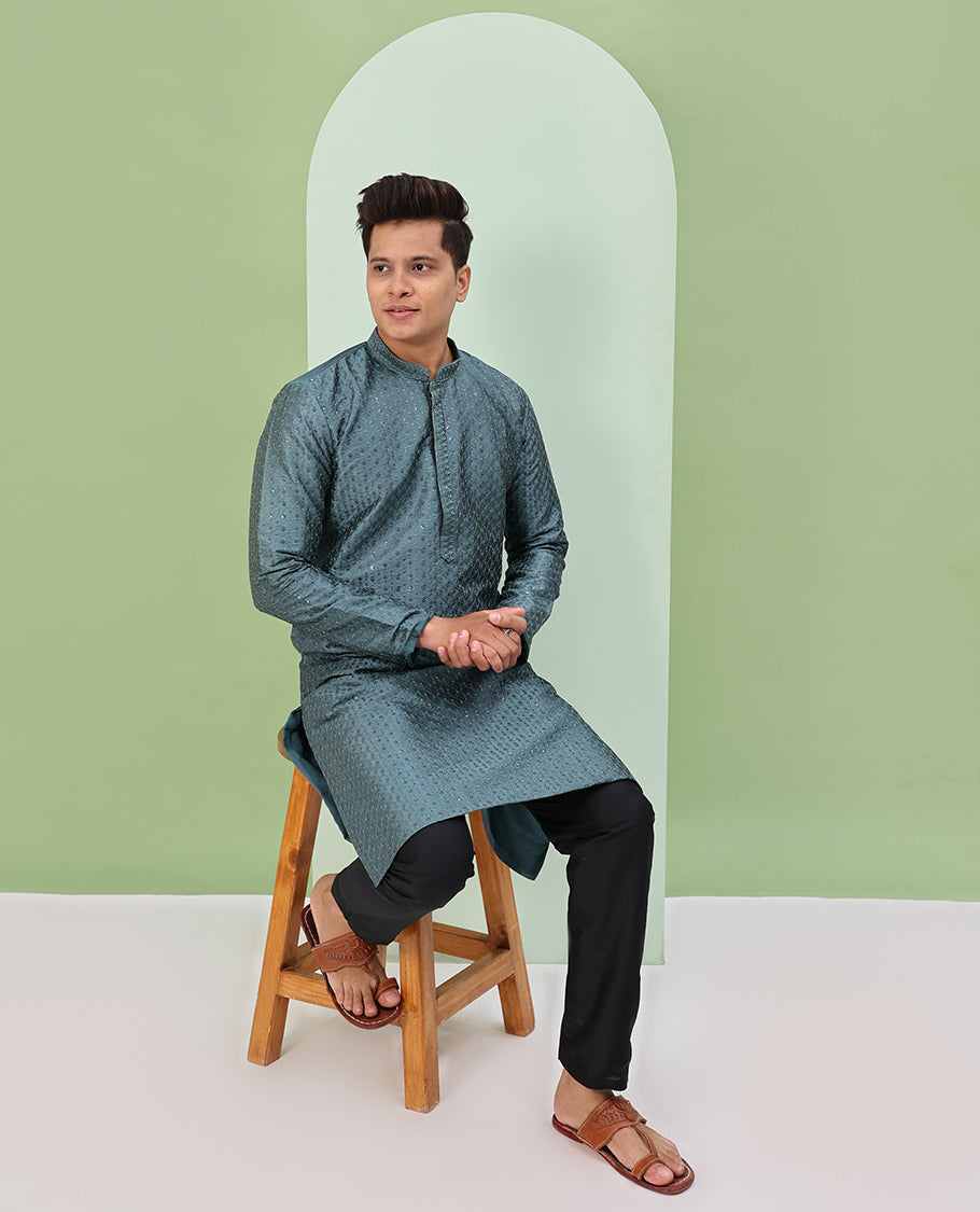 Grey argyle design sequins embroidered full-sleeve kurta set