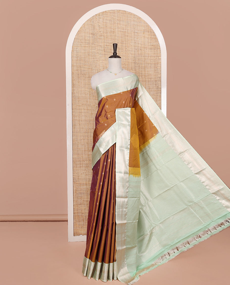 Mustard Budget Silk Saree, Ornamented with Zari Buttas on Its Body, Complemented by a Contrast Traditional Zari Design Border, Jaal Pallu, and Paired with a Contrast Blouse