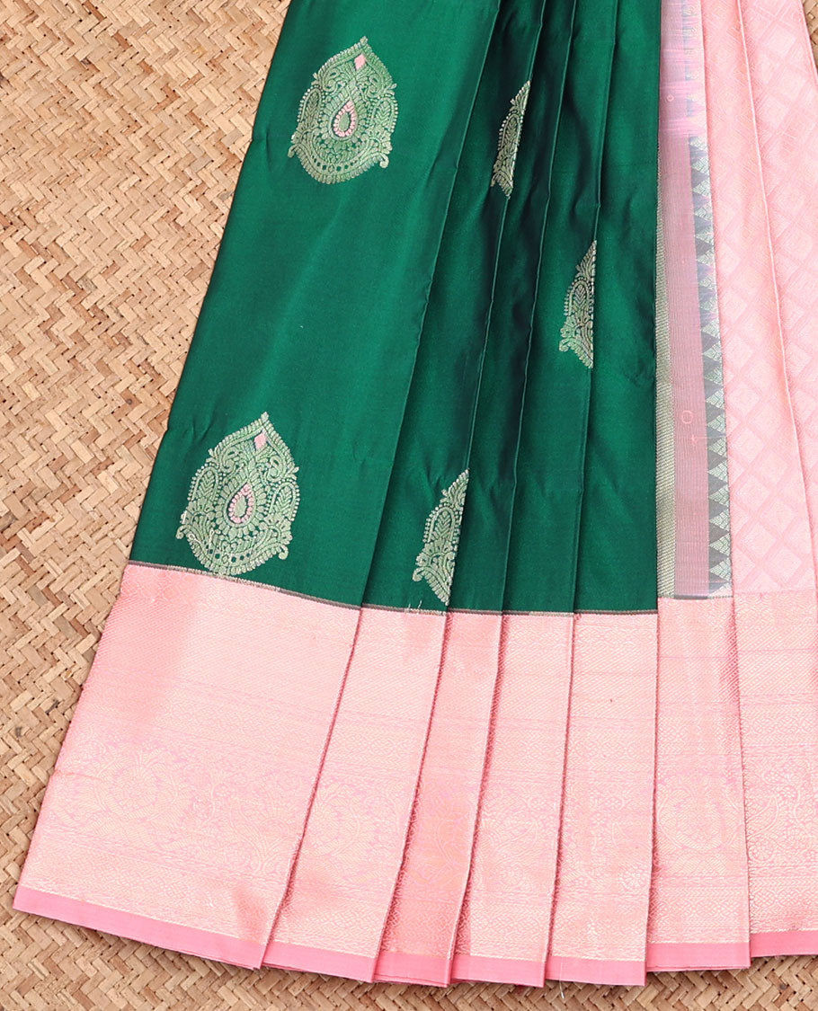 Green Budget Silk Saree, Finely Crafted with Zari Buttas, Complemented by a Contrast Traditional Zari Design Border, Grand Jaal Pallu, and Paired with a Contrast Blouse