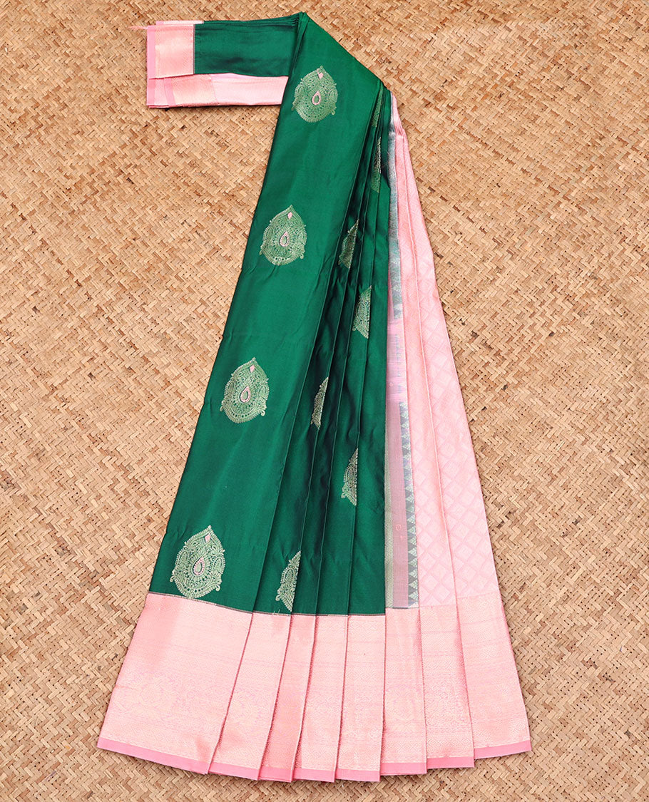 Green Budget Silk Saree, Finely Crafted with Zari Buttas, Complemented by a Contrast Traditional Zari Design Border, Grand Jaal Pallu, and Paired with a Contrast Blouse