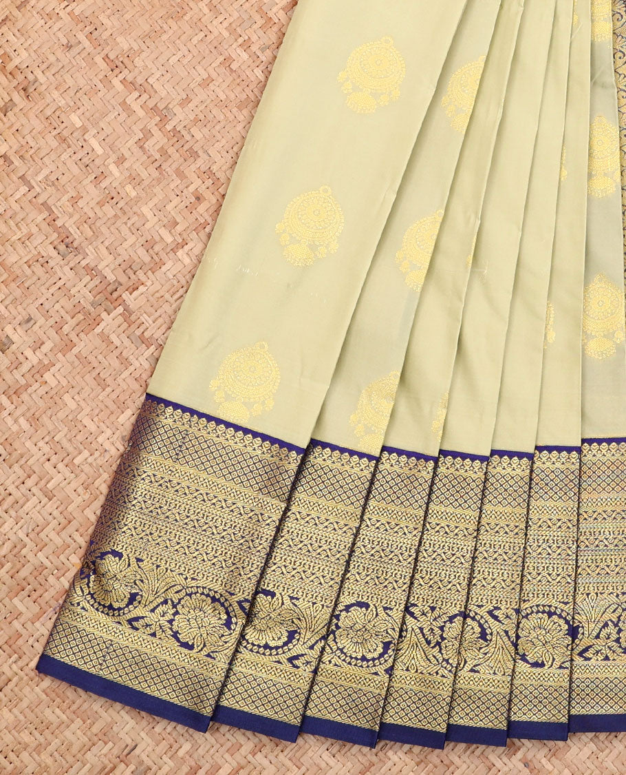 Grey Budget Silk Saree, Subtly Sparkled with Buttas All Over Its Body, Complemented by a Contrast Traditional Zari Design Border, Intricately Designed Pallu, and Paired with a Contrast Blouse