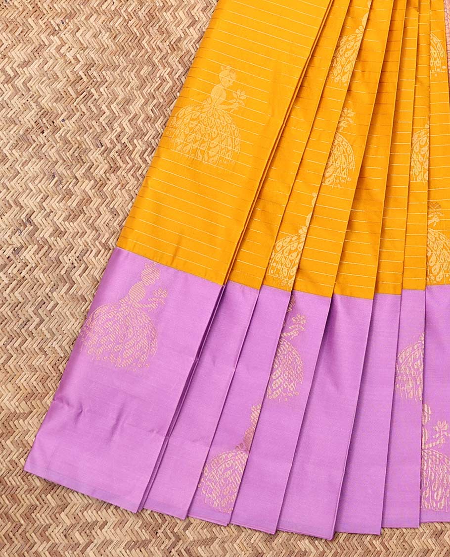 Yellow Budget Silk Saree, Subtly Sparkled with Zari Buttas and Stripes, Complemented by a Contrast Girl Figurine Zari Border, Grand Pallu, and a Contrast Blouse