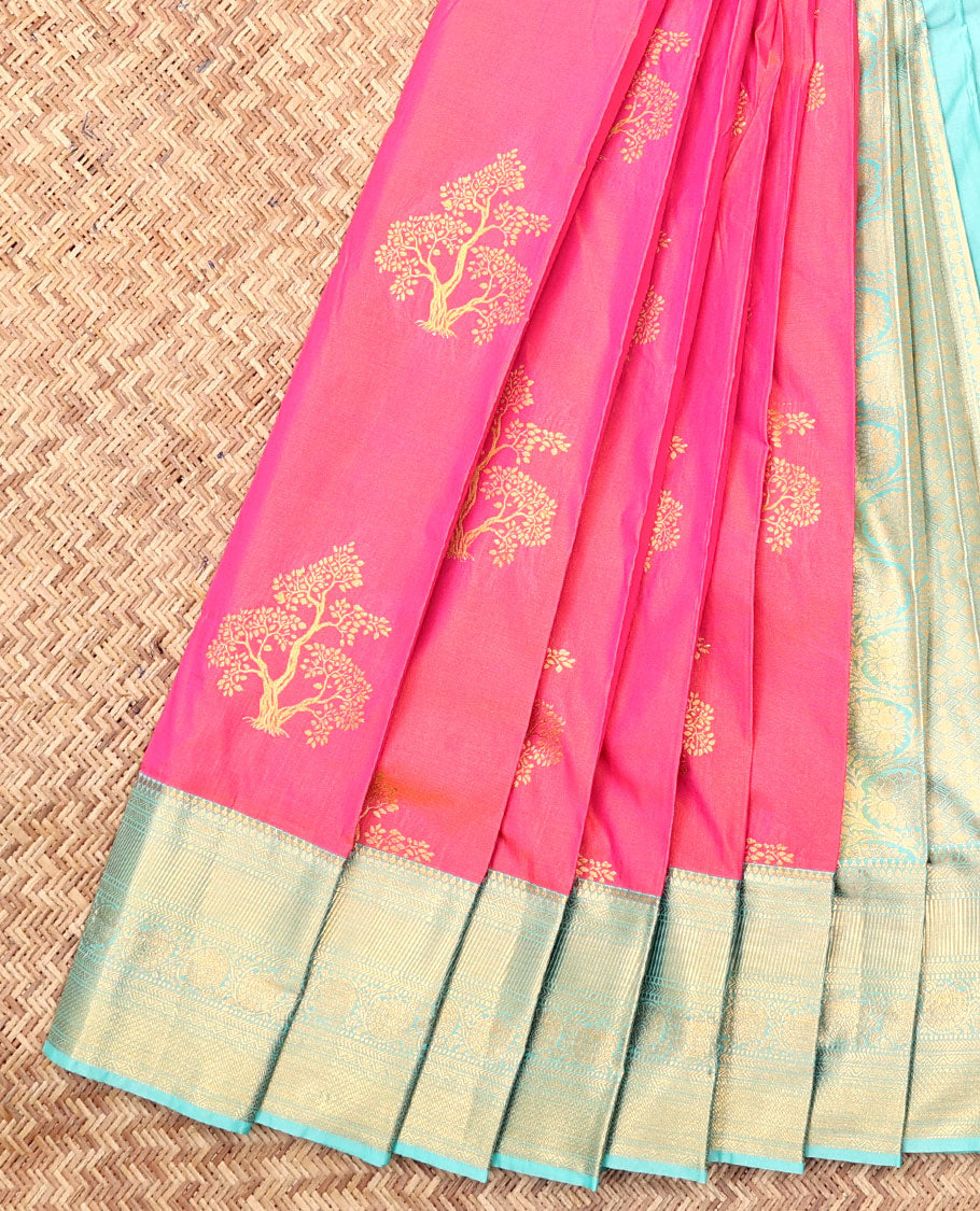Pink Budget Silk Saree, Accentuated with Tree Zari Buttas, Complemented by Contrast Traditional Zari Border, an Intricate Pallu and a Contrast Blouse