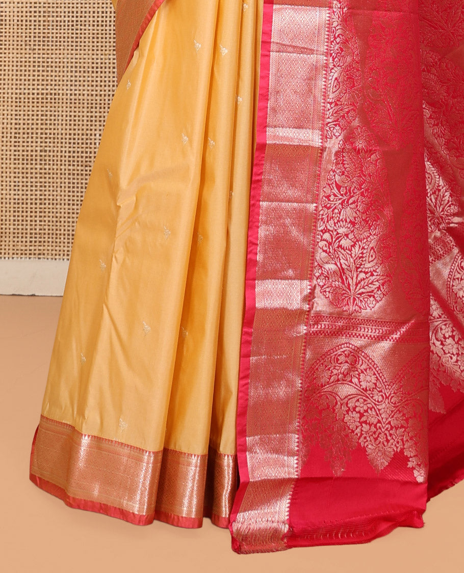 Yellow Budget Silk Saree, Sparsely Sparkled with Zari Buttas, Complemented by Contrast Traditional Zari Border, Pallu of Intricate Design, and Contrast Blouse