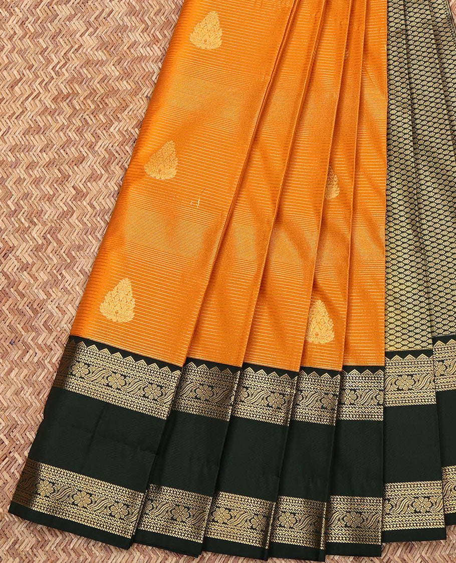 Orange Budget Silk Saree, Steeped in Richness of Zari Stripes and Zari Buttas on Its Body, Complemented by a Contrast Traditional Zari Designs Woven Rettai Pettu Border, Grand Jaal Pallu, and Paired with a Contrast Blouse