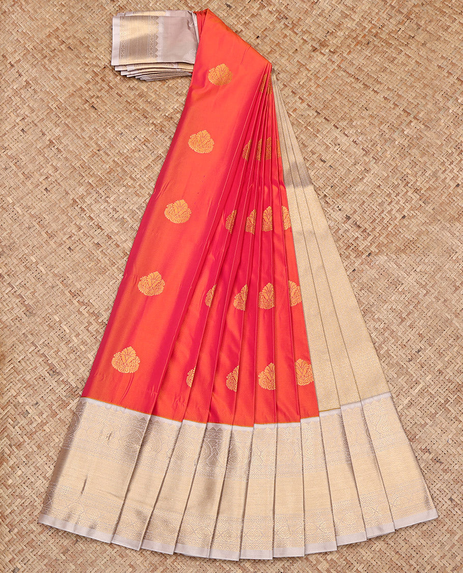 Orange-Pink Budget Silk Saree, Elevated with Zari Buttas on Its Body, Complemented by a Contrast Traditional Zari Border, Grand Pallu, and Paired with a Contrast Blouse