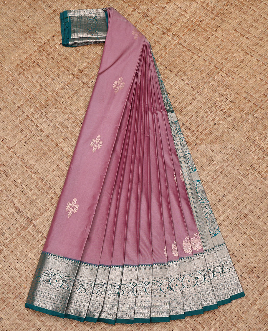 Pink Budget Silk Saree, Detailed with Zari Buttas All Over Its Body, Complemented by a Contrast Traditional Zari Design Rettai Pettu Border, Intricately Designed Pallu, and Paired with a Contrast Blouse