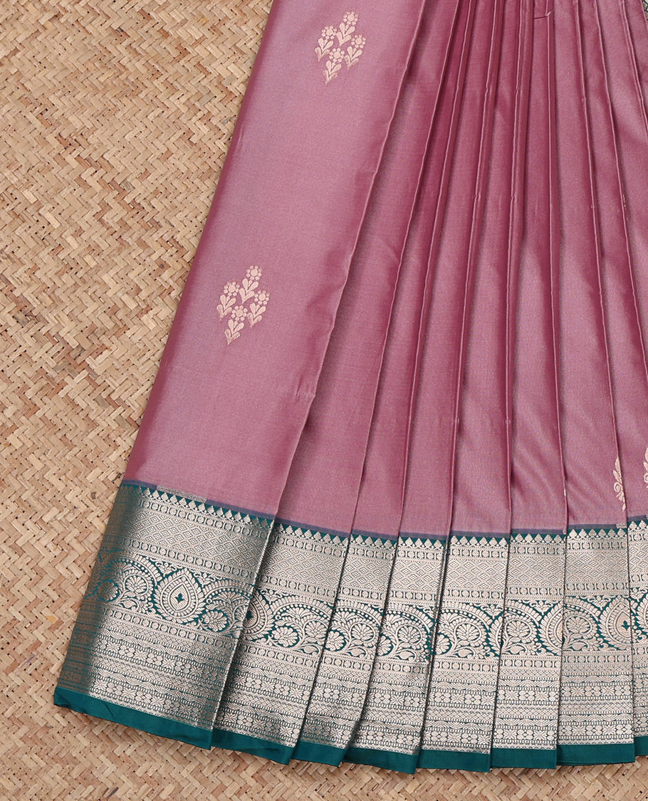 Pink Budget Silk Saree, Detailed with Zari Buttas All Over Its Body, Complemented by a Contrast Traditional Zari Design Rettai Pettu Border, Intricately Designed Pallu, and Paired with a Contrast Blouse