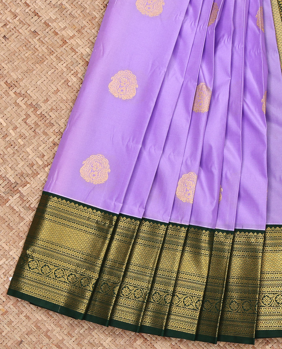 Lavender Budget Silk Saree, Woven with Zari Buttas on Its Body, Complemented by a Contrast Traditional Zari Design Border, Grand Jaal Pallu, and Paired with a Contrast Blouse
