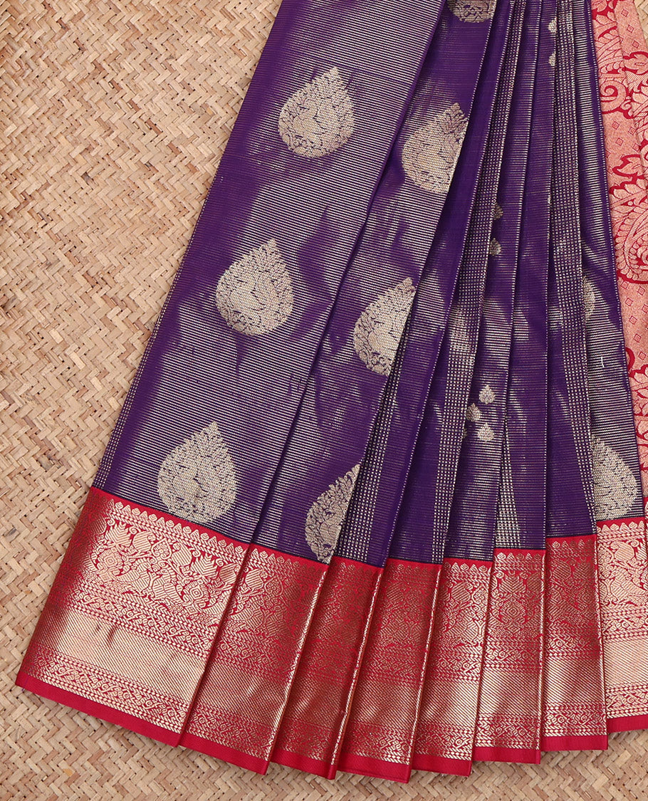 Violet Budget Silk Saree, Adorned with Zari Designs, Captivating Contrast Traditional Zari Design Border, Pallu Steeped with Paisleys, and a Contrast Blouse