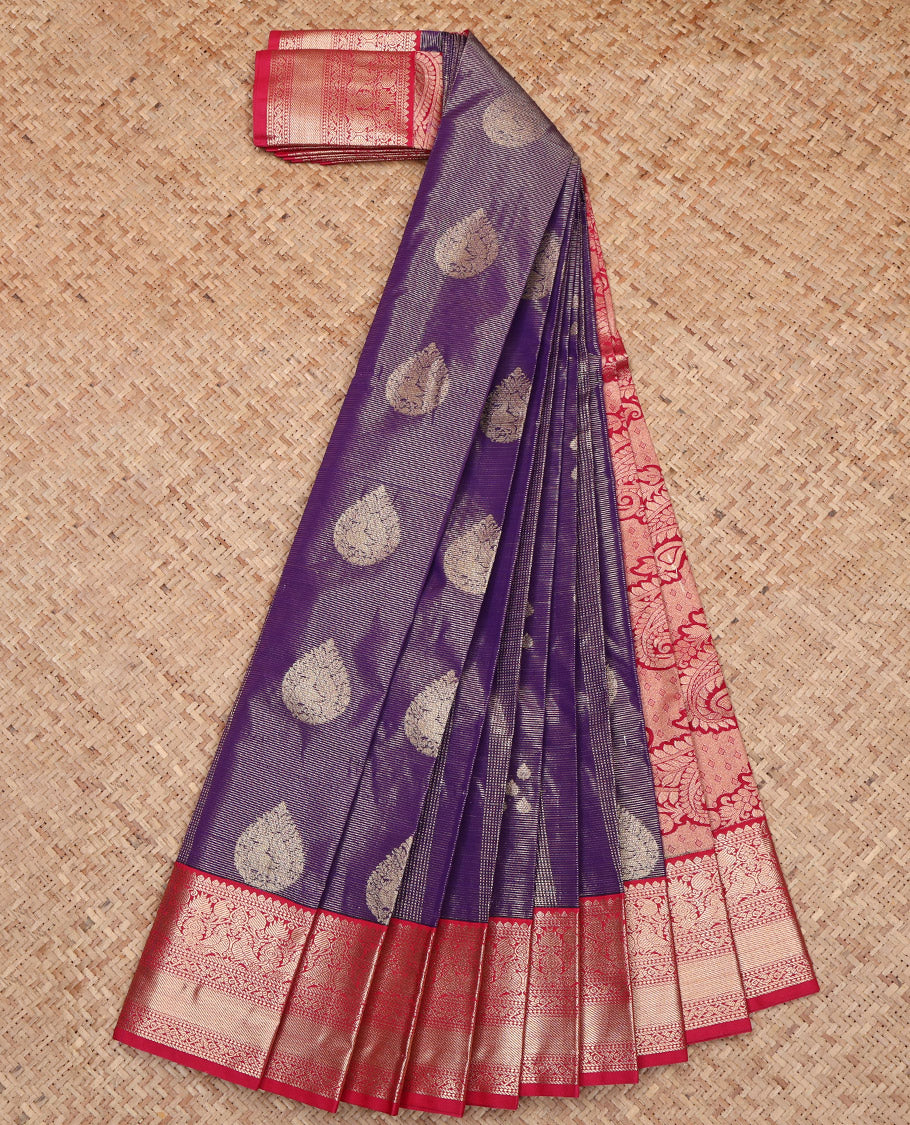 Violet Budget Silk Saree, Adorned with Zari Designs, Captivating Contrast Traditional Zari Design Border, Pallu Steeped with Paisleys, and a Contrast Blouse