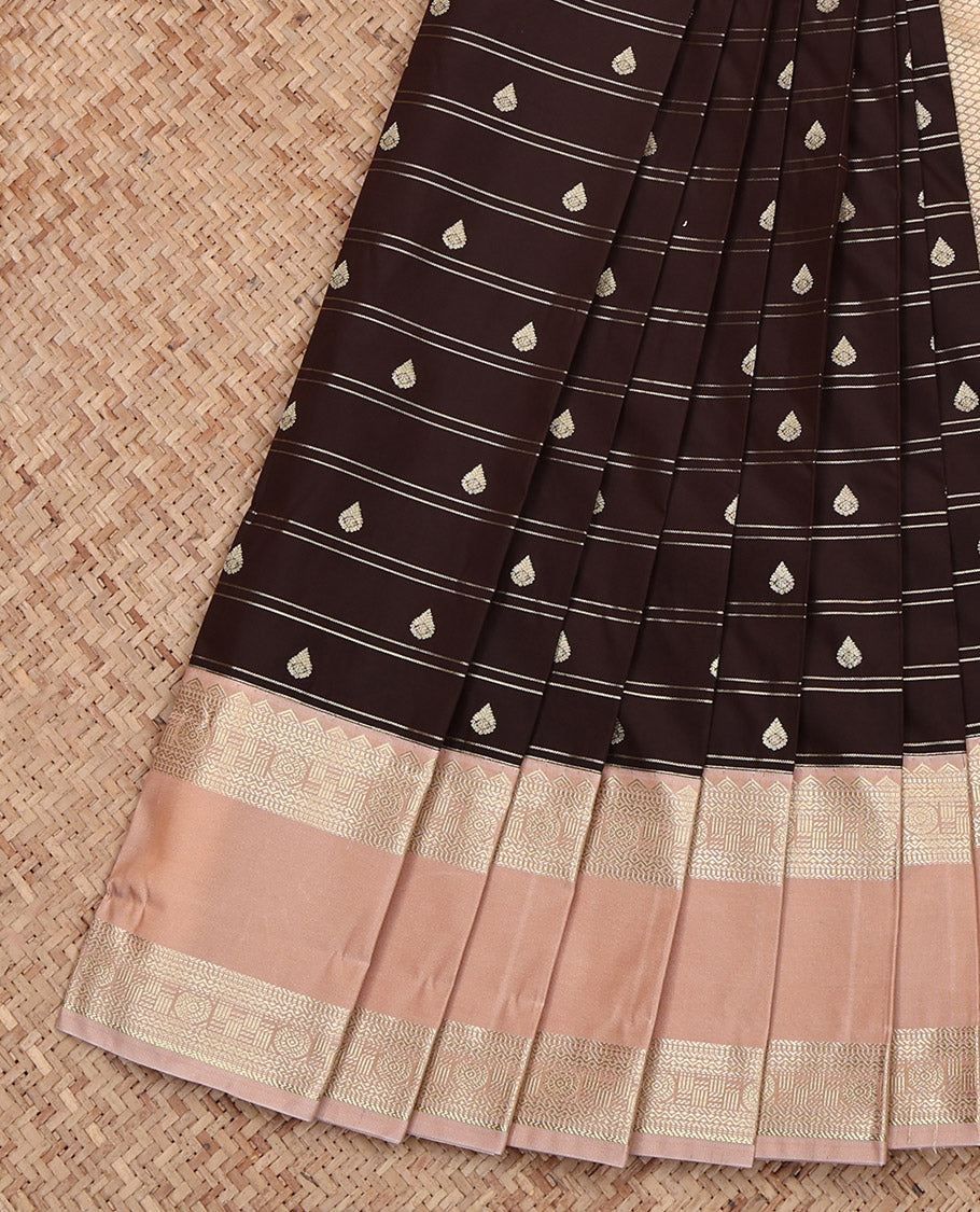 Brown Budget Silk Saree, Delicately Woven with Zari Buttas and Stripes, Complemented by Contrast Traditional Rettai Pettu Border, Grand Pallu and a Contrast Blouse