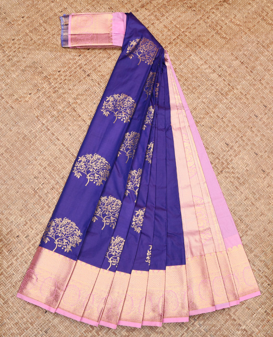 Violet Budget Silk Saree, Artfully Woven with Zari Buttas, Contrast Traditional Zari Border, Grand Pallu, and a Contrast Blouse
