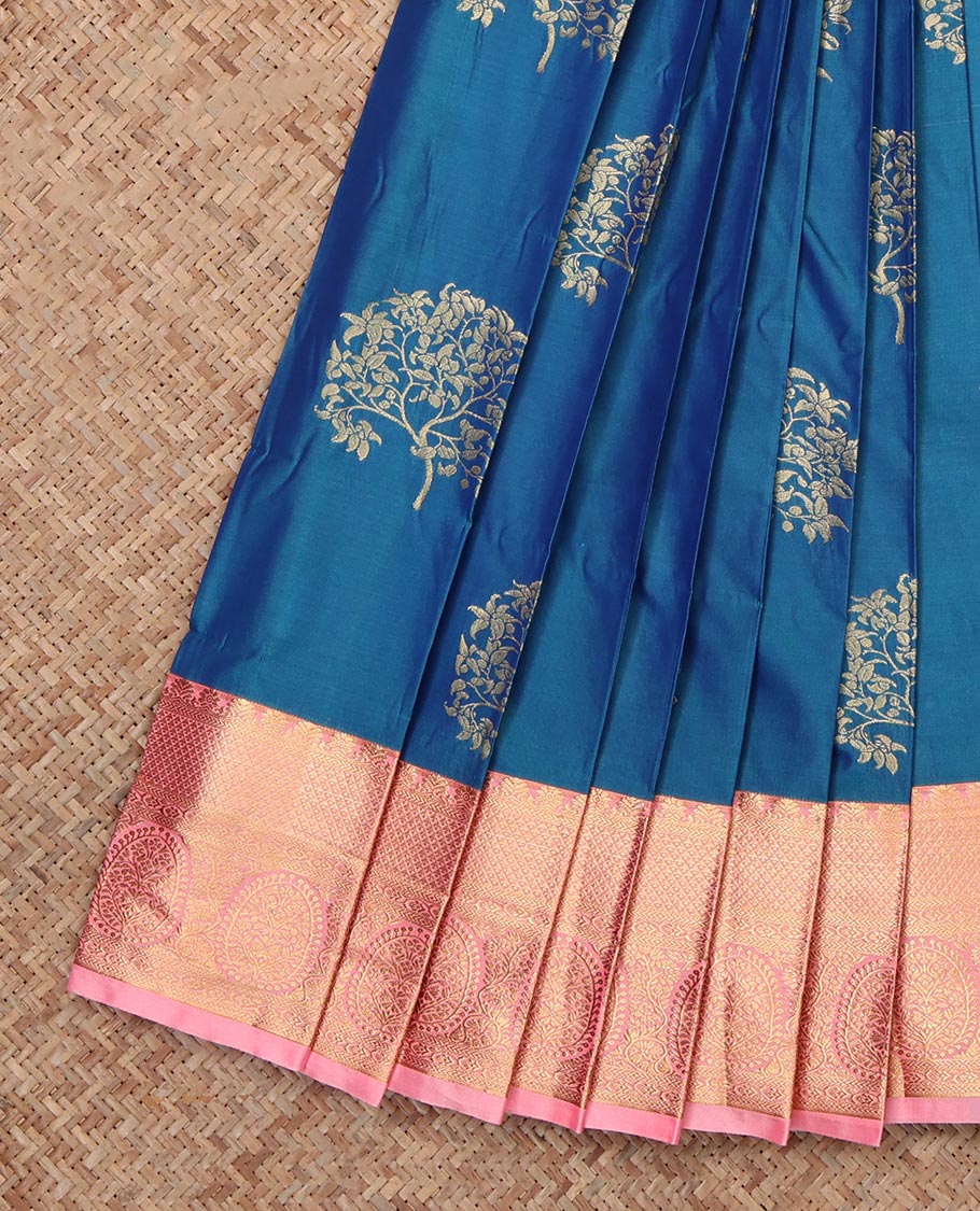 Blue Budget Silk Saree, Artfully Woven with Tree Motifs, Complemented by Contrast Traditional Zari Border, Grand Pallu and Contrast Blouse