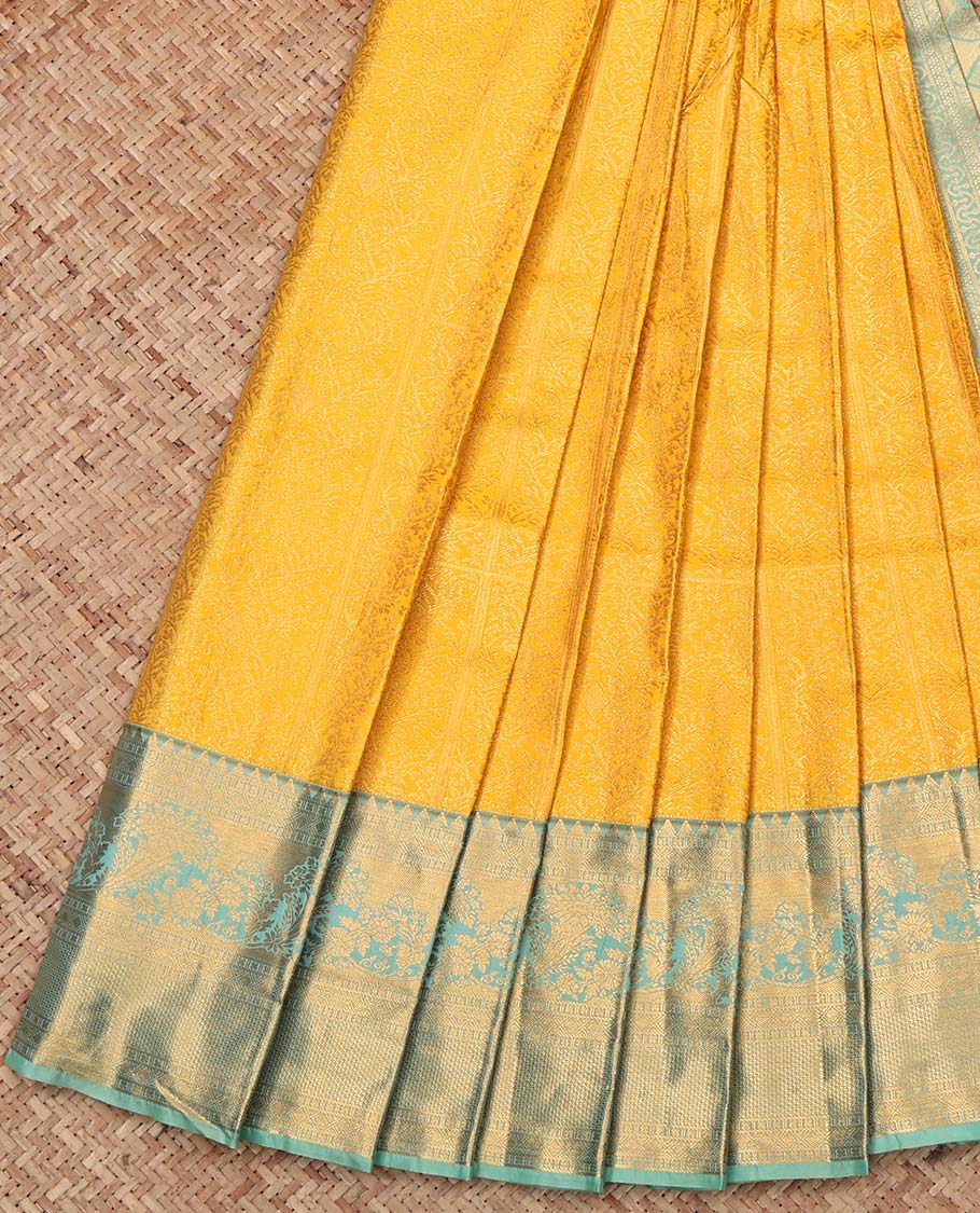 Yellow Budget Silk Saree, Sparsely Woven with Jacquard, Complemented by Contrast Traditional Zari Border, Grand Pallu, and Contrast Blouse
