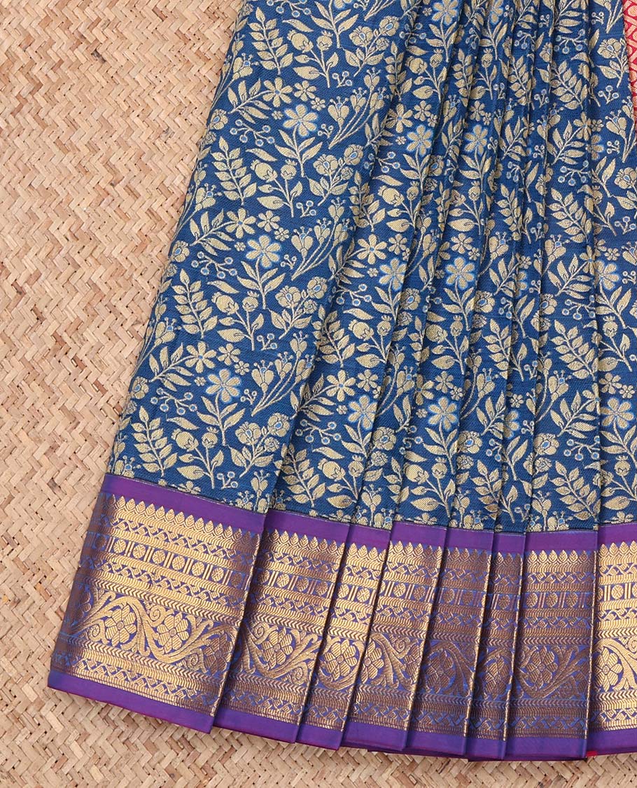 Blue Budget Silk Saree, Elevated with Leaf Jacquard Design, Complemented by a Contrast Traditional Zari Design Border, Grand Jaal Pallu, and a Contrast Blouse