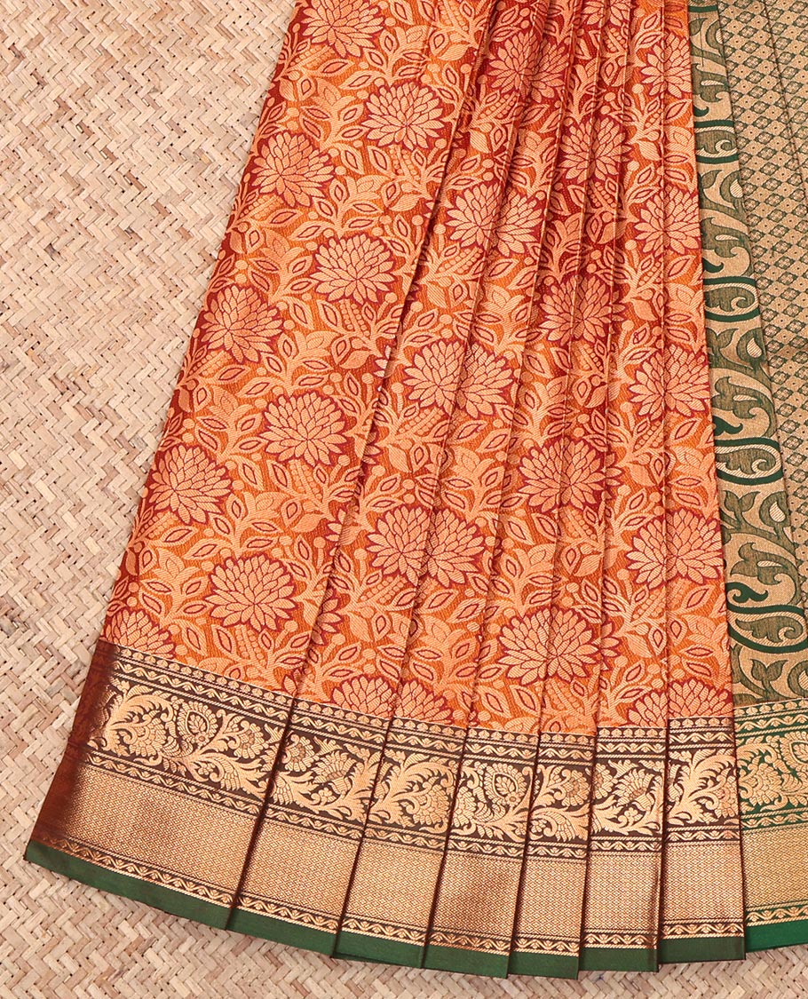 Orange Budget Silk Saree, Enthralled with Jacquard Design, Complemented by a Contrast Traditional Zari Border, Grand Pallu, and a Contrast Blouse
