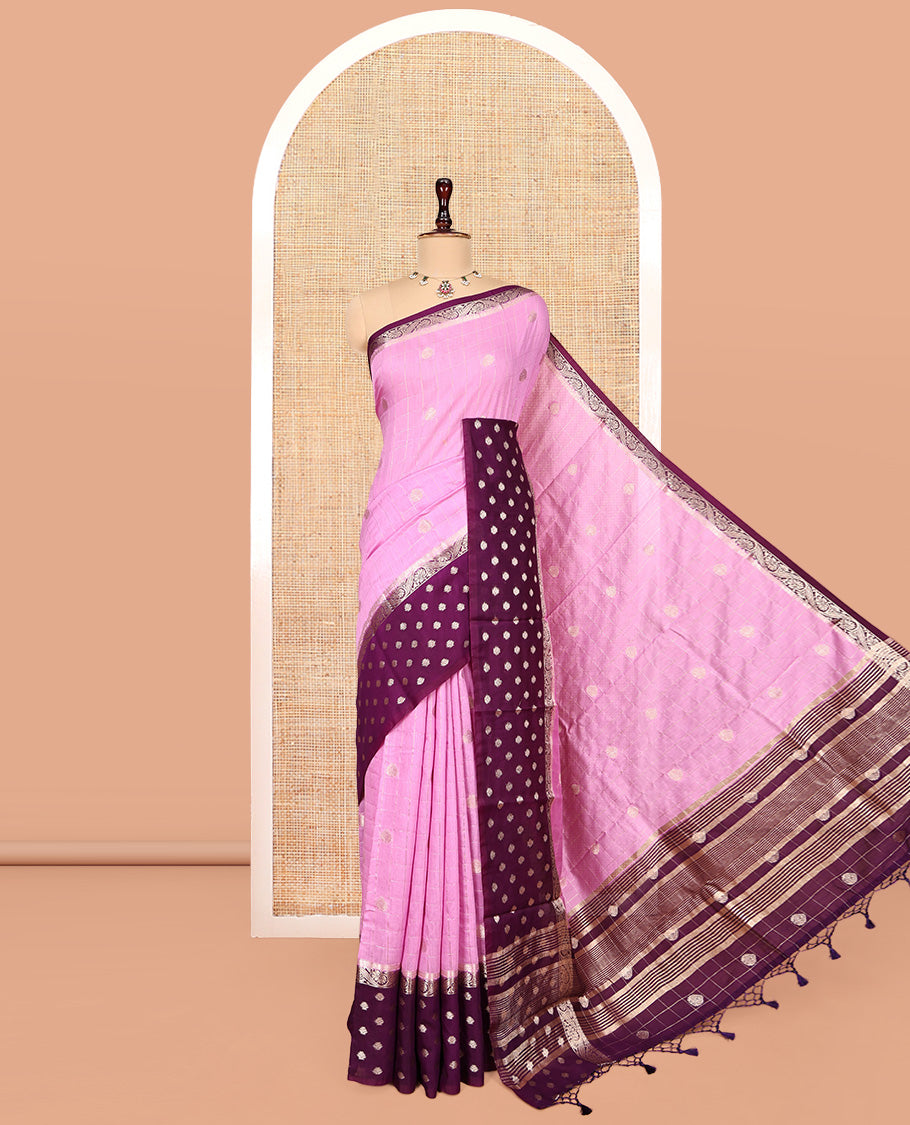 Pink Assam Silk Saree, Embellished with Zari Butta Enclosed Checks, Complemented by a Contrast Zari Butta Woven Border, Zari-Striped Pallu, and a Contrast Blouse