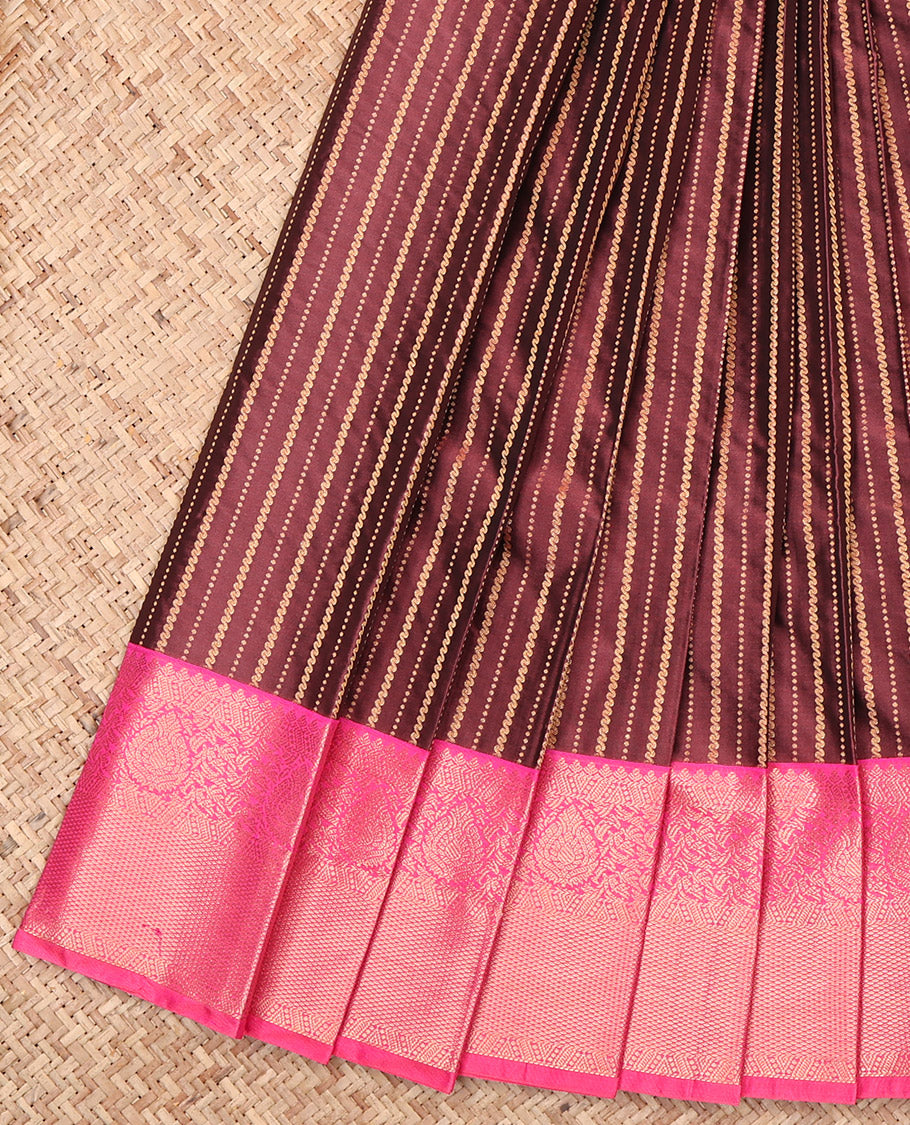 Brown Budget Silk Saree, Accentuated with Zari Stripes, Complemented by a Contrast Traditional Zari Border, Grand Pallu, and a Contrast Blouse