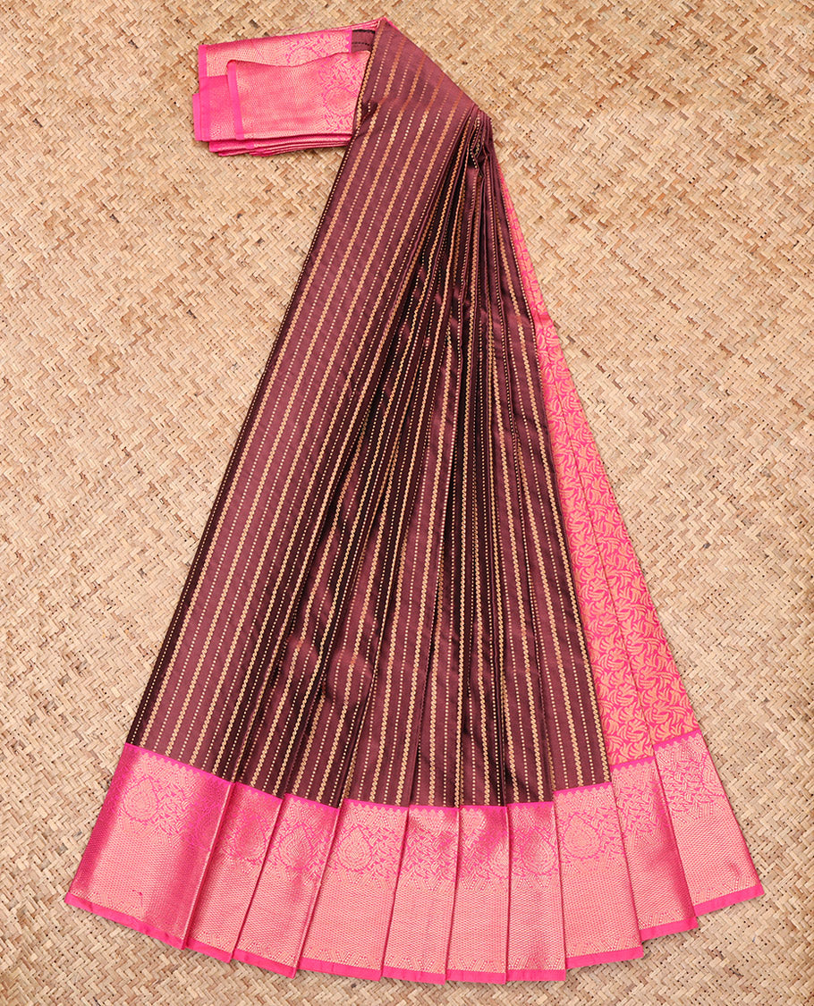 Brown Budget Silk Saree, Accentuated with Zari Stripes, Complemented by a Contrast Traditional Zari Border, Grand Pallu, and a Contrast Blouse