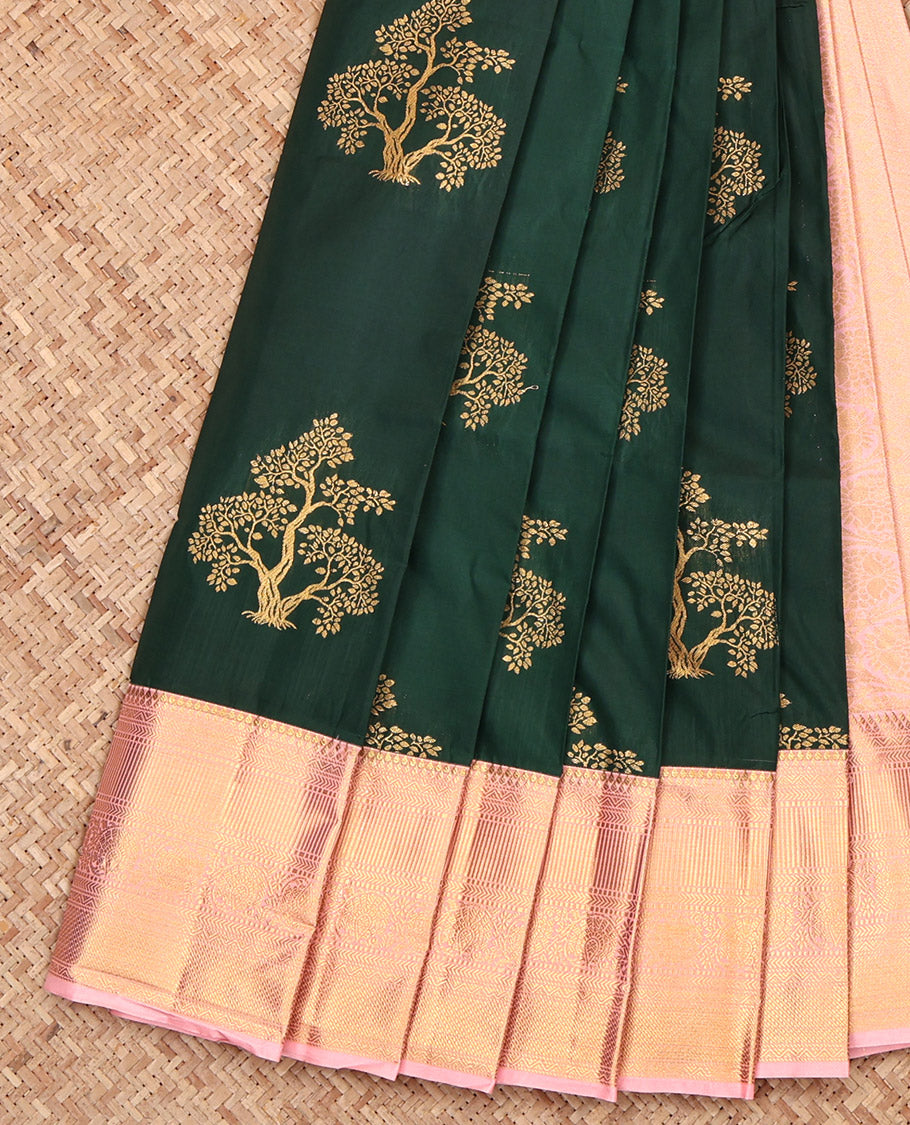 Green Budget Silk Saree, Ornamented with Tree Zari Buttas, Complemented by a Contrast Traditional Border, Grand Pallu, and a Contrast Blouse