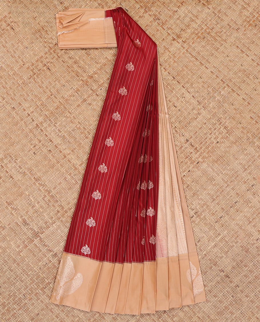 Red Budget Silk Saree, Gleamed Up with Zari Buttas and Stripes, Complemented by a Contrast Zari Motif Border, Intricate Pallu, and a Contrast Blouse
