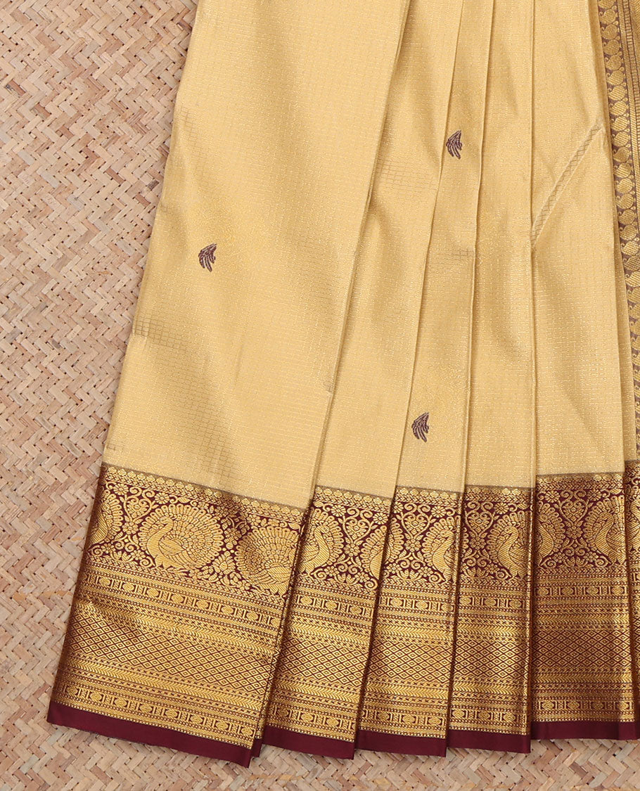 Sandal Budget Silk Saree, Detailed Checks and Buttas, a Contrast Traditional Zari Border, a Grand Pallu and a Contrast Blouse