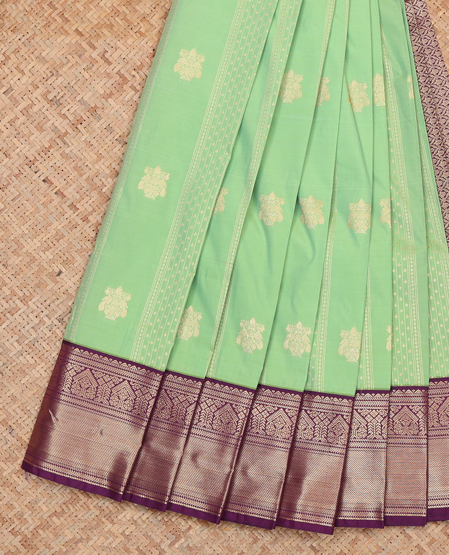 Green Budget Silk Saree, Spotlighted with Zari Buttas and Stripes, Complemented by a Contrast Traditional Zari Border, Grand Jaal Pallu, and Contrast Blouse