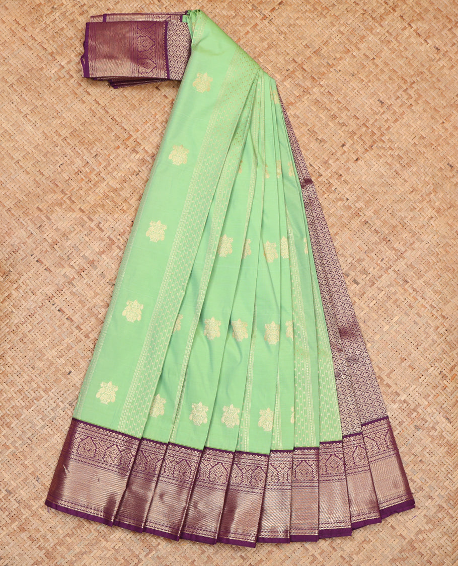 Green Budget Silk Saree, Spotlighted with Zari Buttas and Stripes, Complemented by a Contrast Traditional Zari Border, Grand Jaal Pallu, and Contrast Blouse
