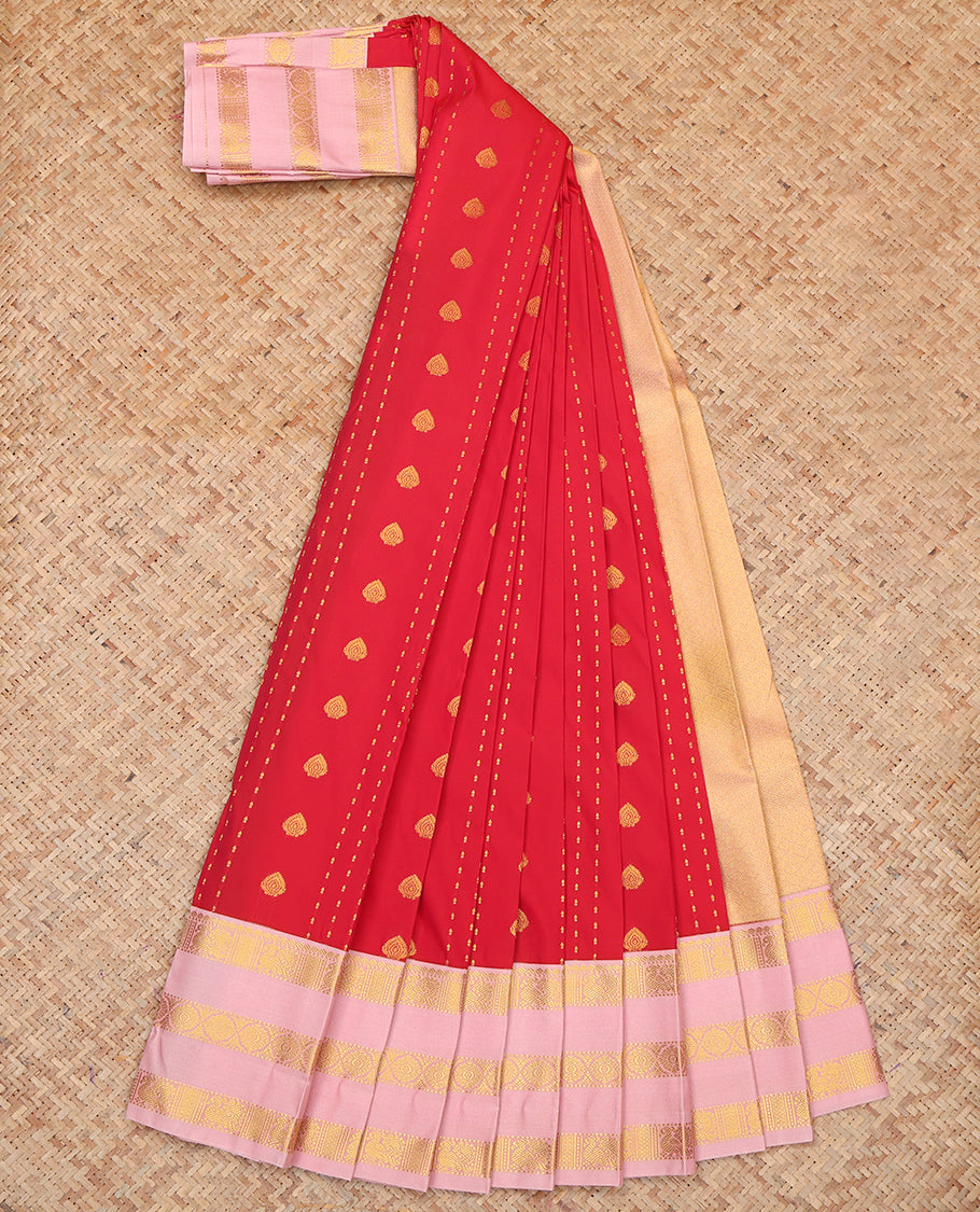 Red Budget Silk Saree, Spotlighted with Zari Buttas and Stripes, a Contrast Traditional Zari Border, Grand Pallu, and a Contrast Blouse