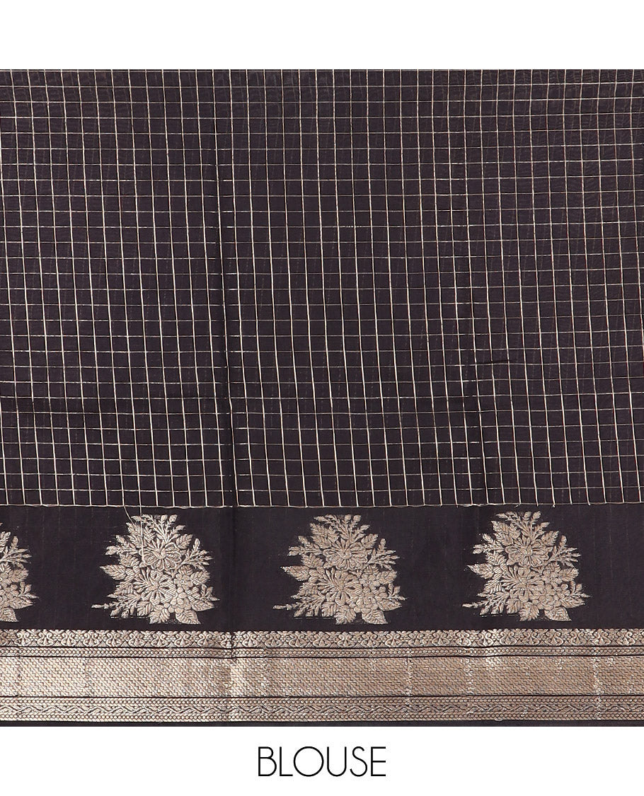 Green zari checked Assam silk saree, contrast traditional zari border of floral designs, and pallu of zari designs