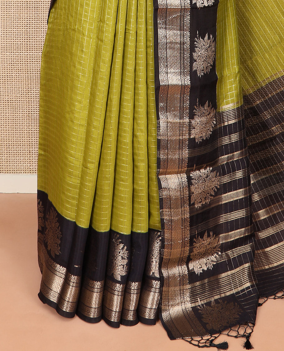 Green zari checked Assam silk saree, contrast traditional zari border of floral designs, and pallu of zari designs