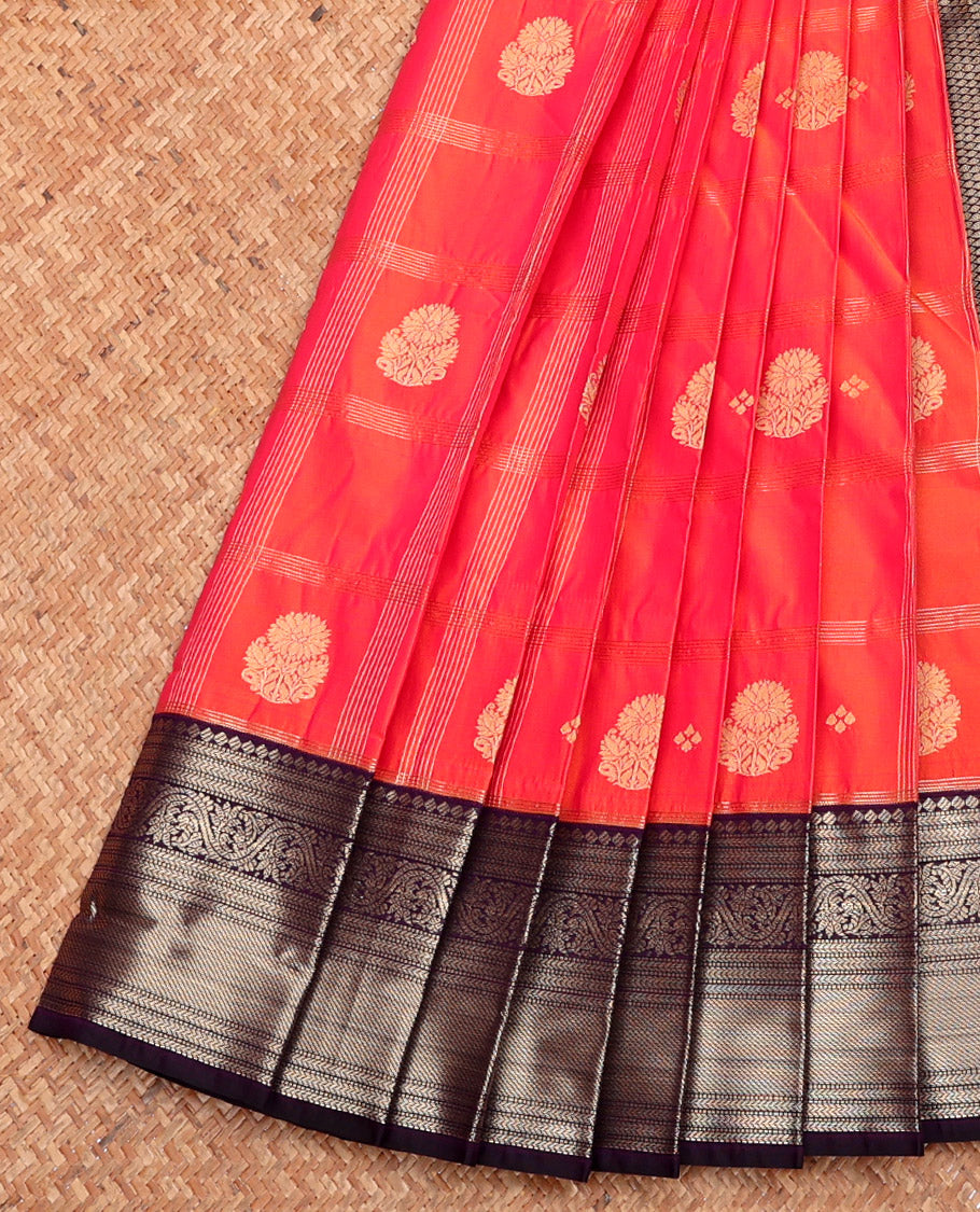 Orange Budget Silk Saree, Crafted with Zari Buttas, Complemented by a Contrast Traditional Zari Border, Grand Pallu, and Contrast Blouse
