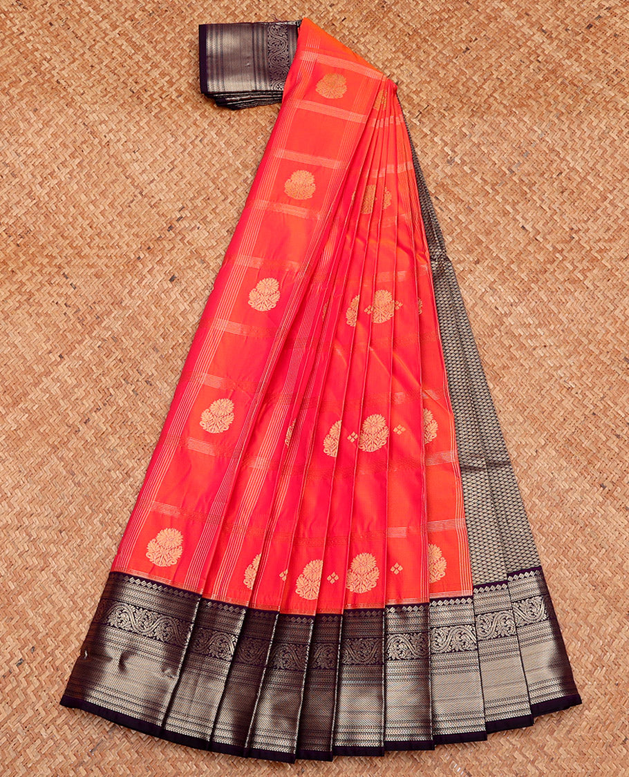 Orange Budget Silk Saree, Crafted with Zari Buttas, Complemented by a Contrast Traditional Zari Border, Grand Pallu, and Contrast Blouse