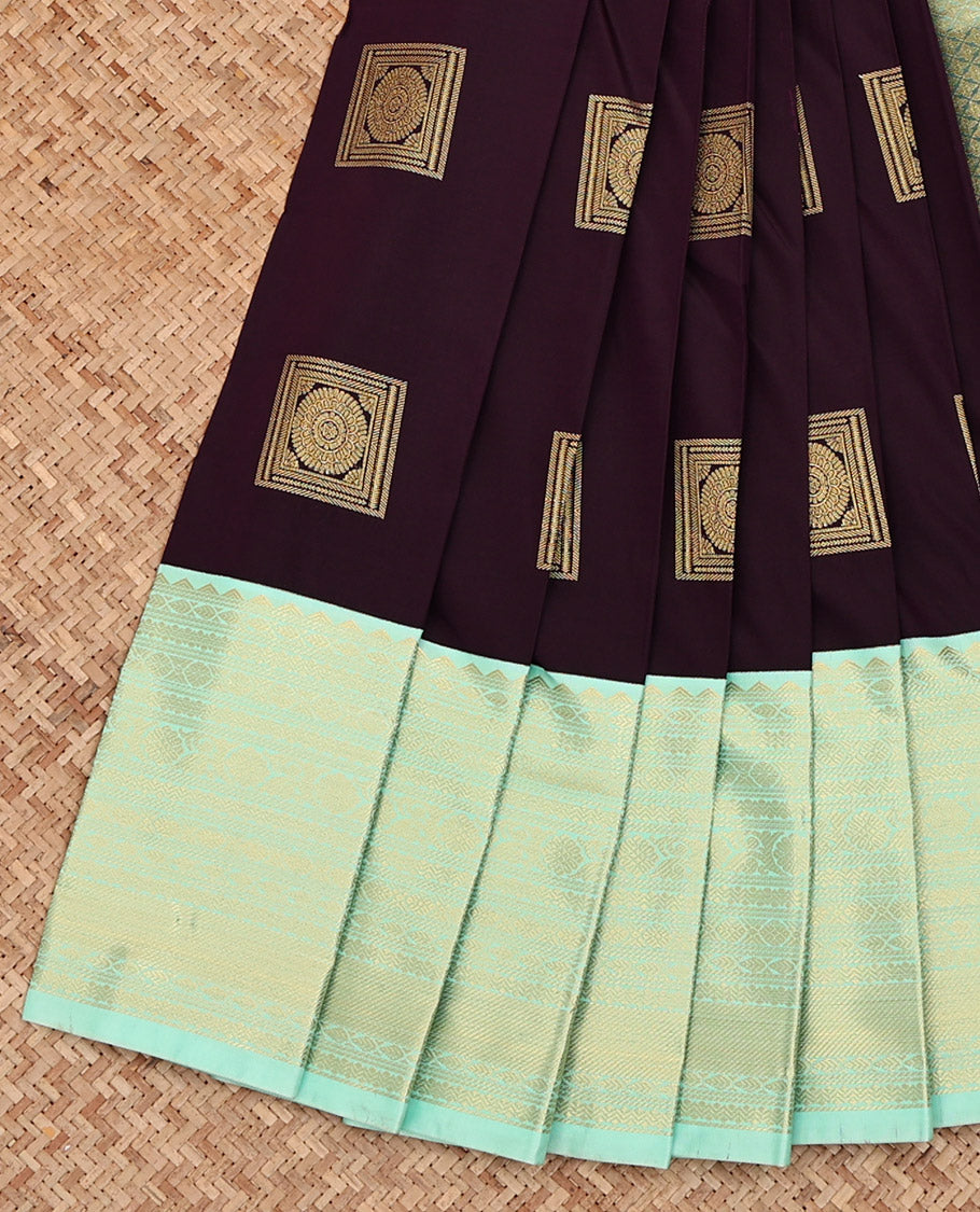 Brown Budget Silk Saree, Prettified with Square-Shaped Zari Buttas All Over Its Body, Complemented by a Contrast Traditional Zari Design Border, Gleaming Jaal Pallu, and Paired with a Contrast Blouse